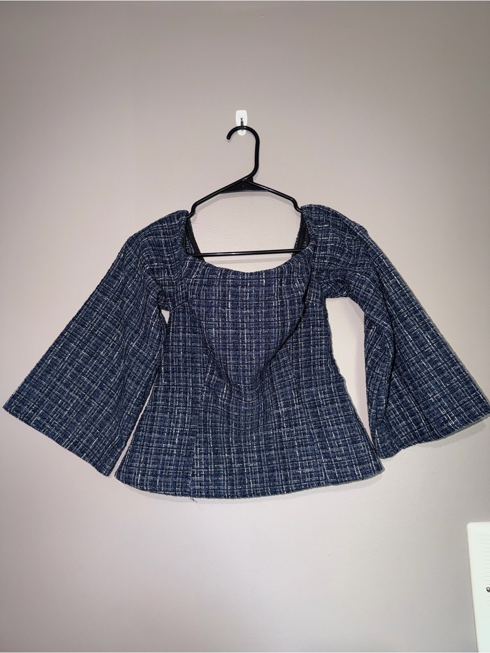 Zara Off-Shoulder Navy and White Tweed Peplum Top